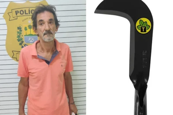 Cuidado. Homem é preso depois de furtar loja de construção e fugir com foice na mão.