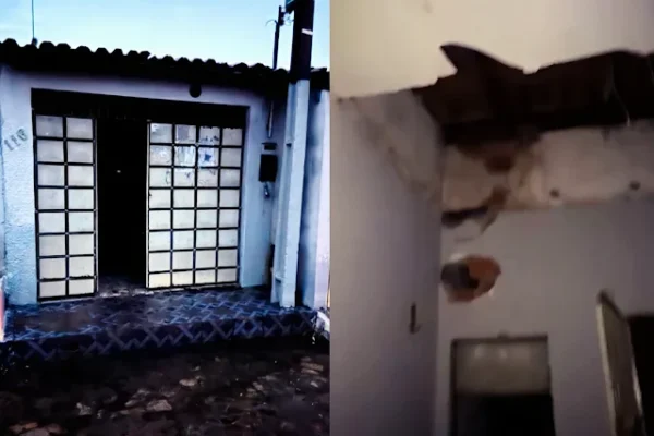 Raio atinge residência durante chuva e causa danos em casas vizinhas em Parnaíba.